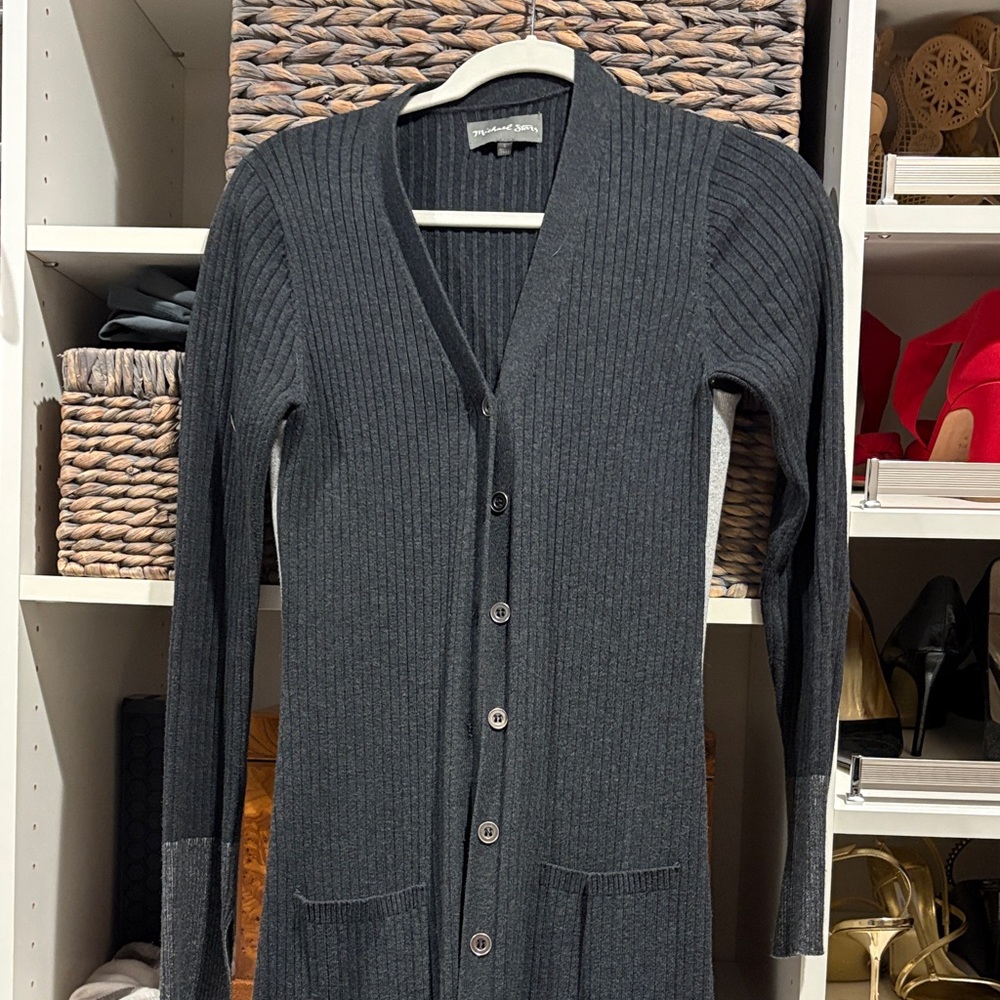 Michael Stars Long Ribbed Button Cardigan in Charcoal Gray